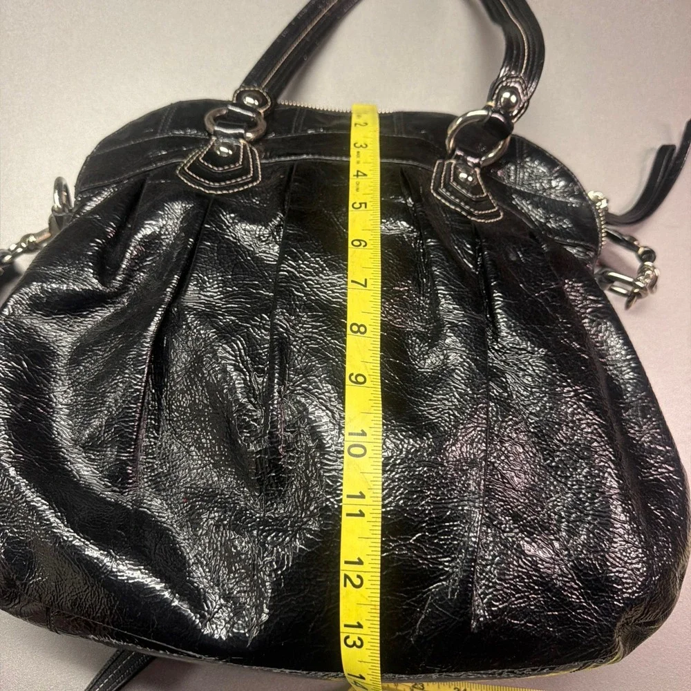 Coach Poppy Black Patent Leather Satchel Handbag Silver Hardware Flower Charm